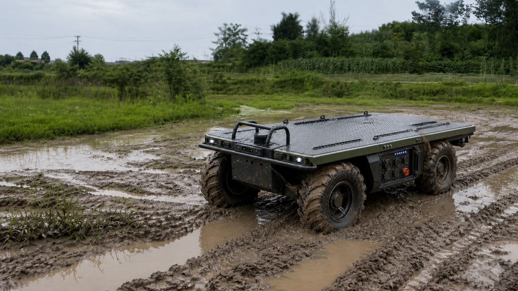 Generated muddy-field scenario derived from the existing four-wheel platform and field references